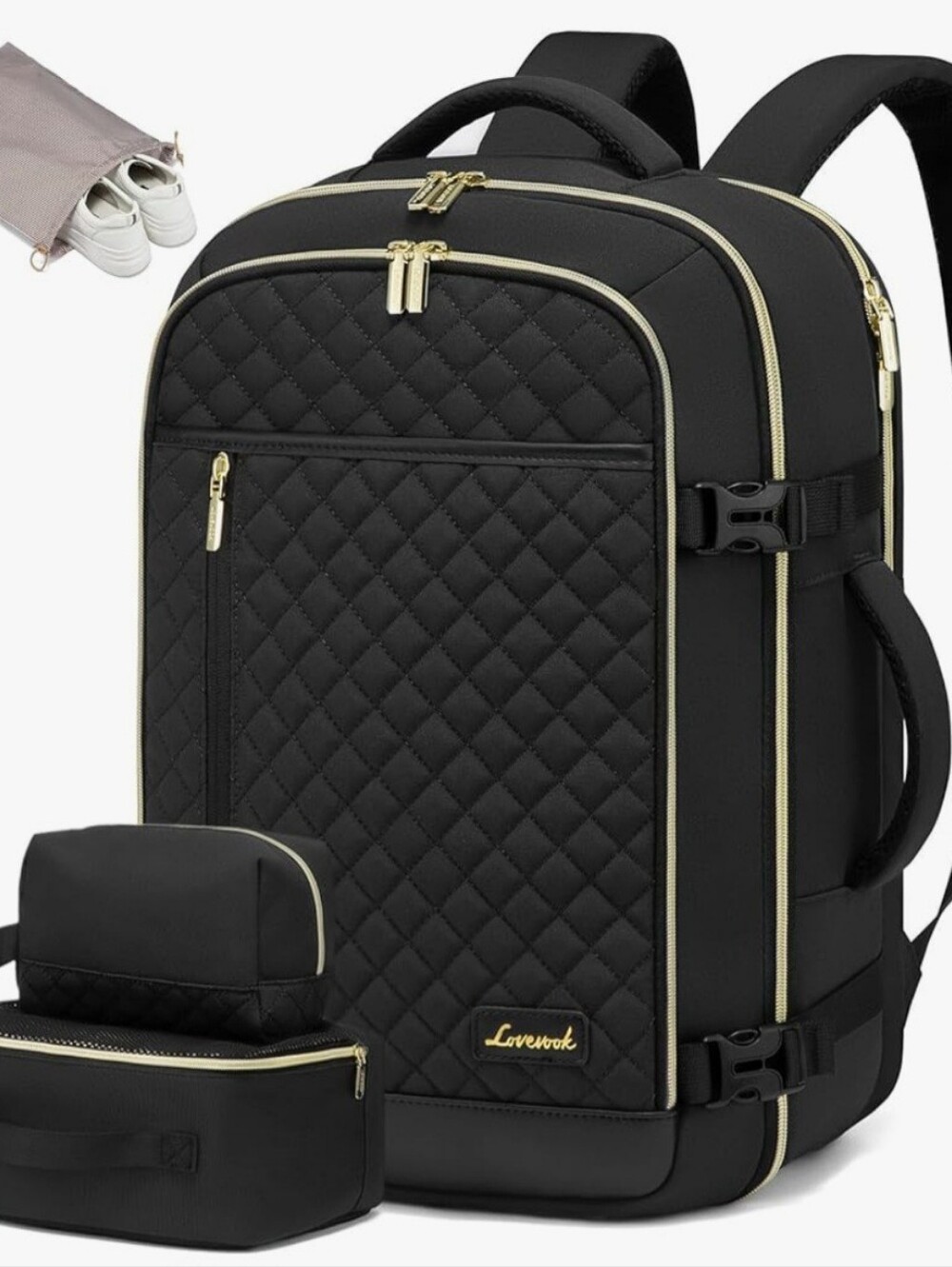 Black Quilted Travel Backpack with Gold Trim